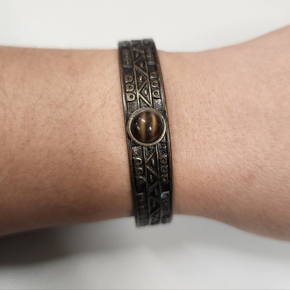Vintage Tiger's Eye Cuff Bracelet Ornate Tribal Brass/Bronze Bangle Boho Ethnic